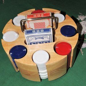 Metal Handled, Lazy Susan Rotating Solid Wood Carousel w/Vintage 1960's Chips